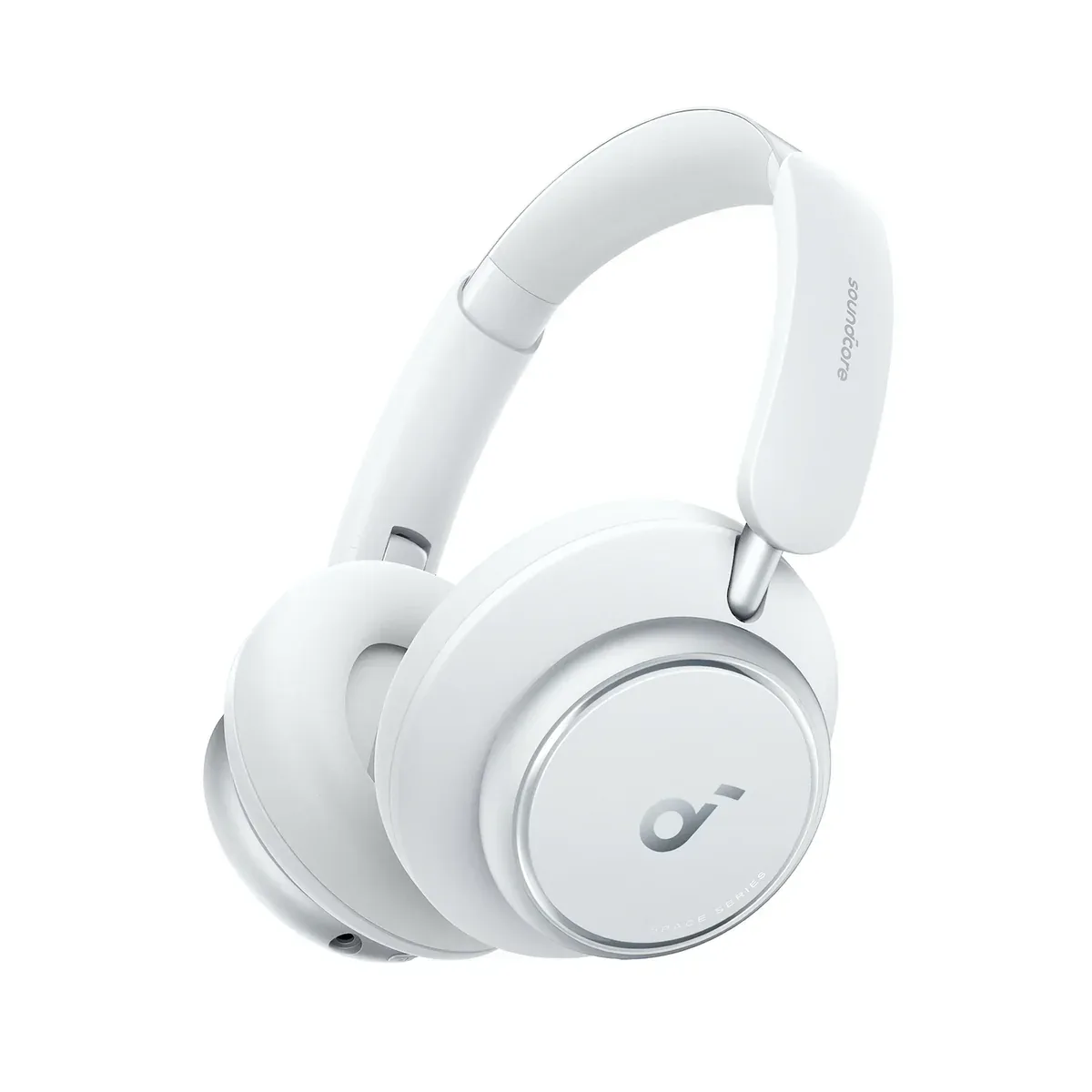 Soundcore Space Q45 headphones in white, three-quarter view on a white background