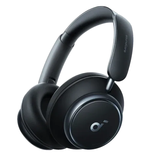 Soundcore Space Q45 over-ear noise cancelling headphones in black, three-quarter view on a white background