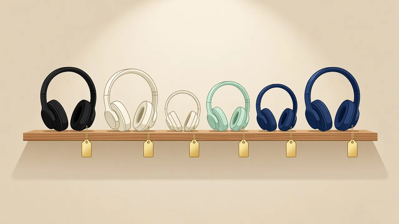 Illustration of budget headphones on a shelf, each with a price tag