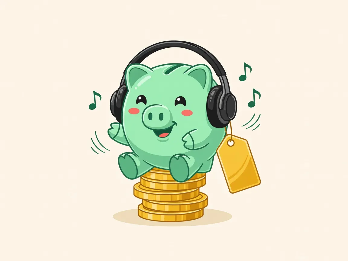 Penny, the Best Budget Headphones piggy bank, listening to music on a stack of coins