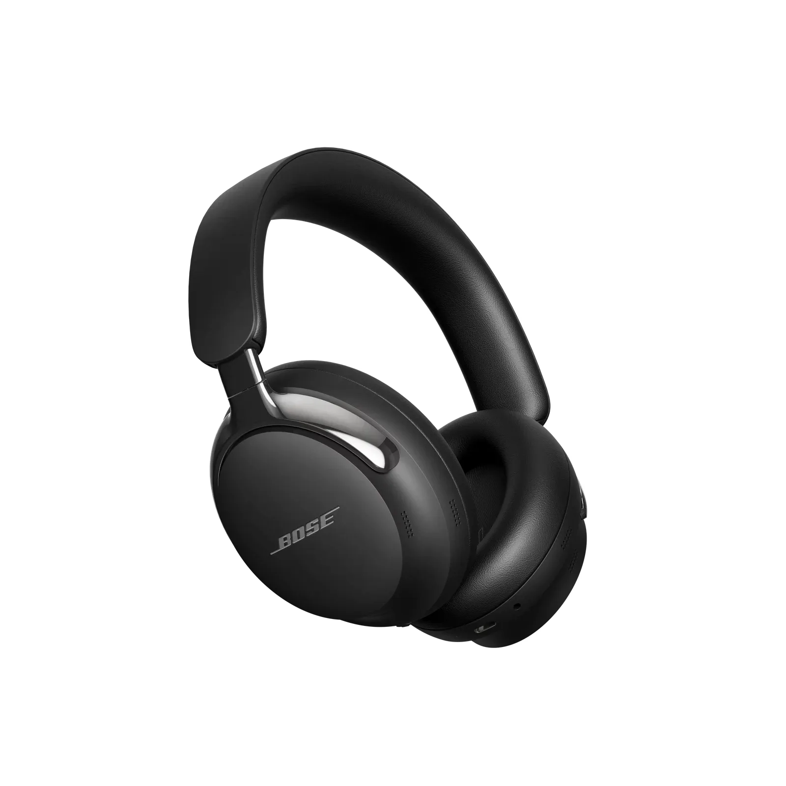 Bose QuietComfort Ultra Headphones (2nd Gen) in Black, three-quarter view with polished silver yokes