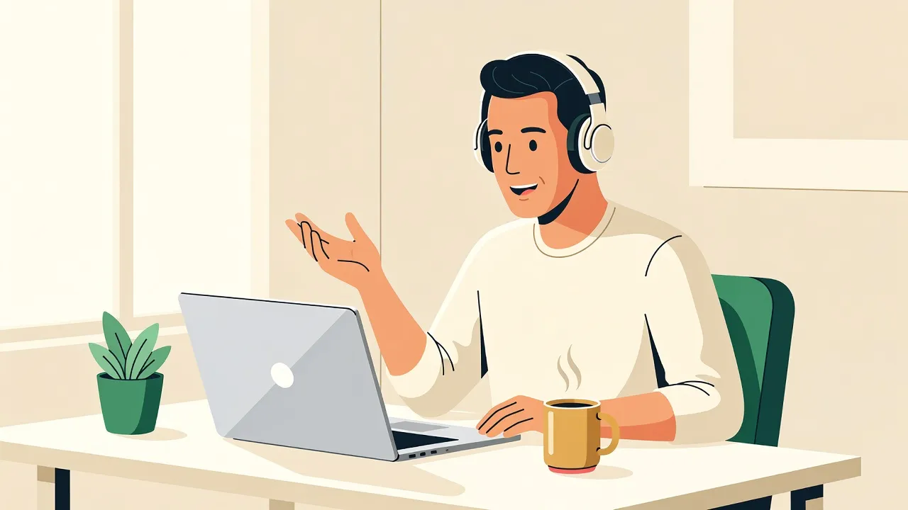 Illustration of a man on a video call at a home desk wearing headphones