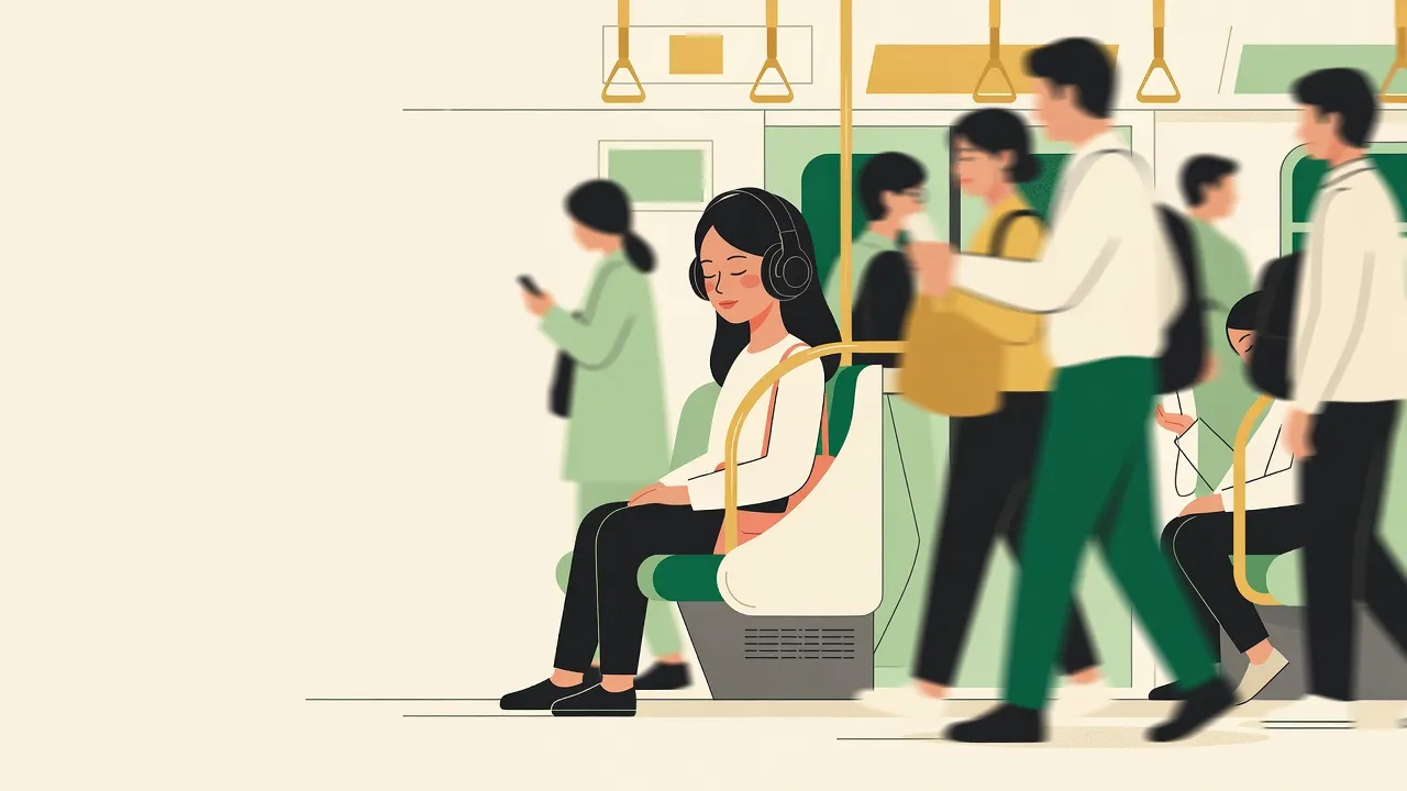 Illustration of a commuter wearing over-ear headphones on a busy train