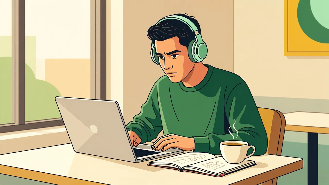 Illustration of a student wearing headphones while studying at a cafe table