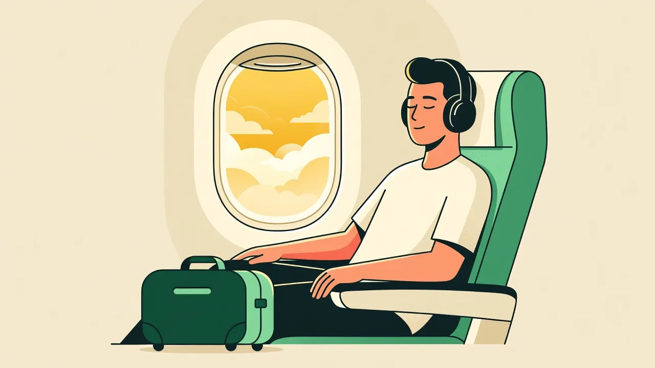 Illustration of a traveler wearing noise cancelling headphones in an airplane window seat
