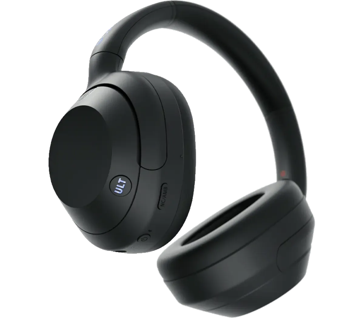 Sony ULT WEAR noise cancelling headphones in Black, three-quarter view showing the ULT bass button