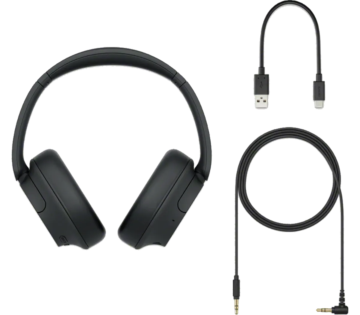 Sony WH-CH720N in black with its short USB-A to USB-C cable and 3.5 mm headphone cable, the full box contents