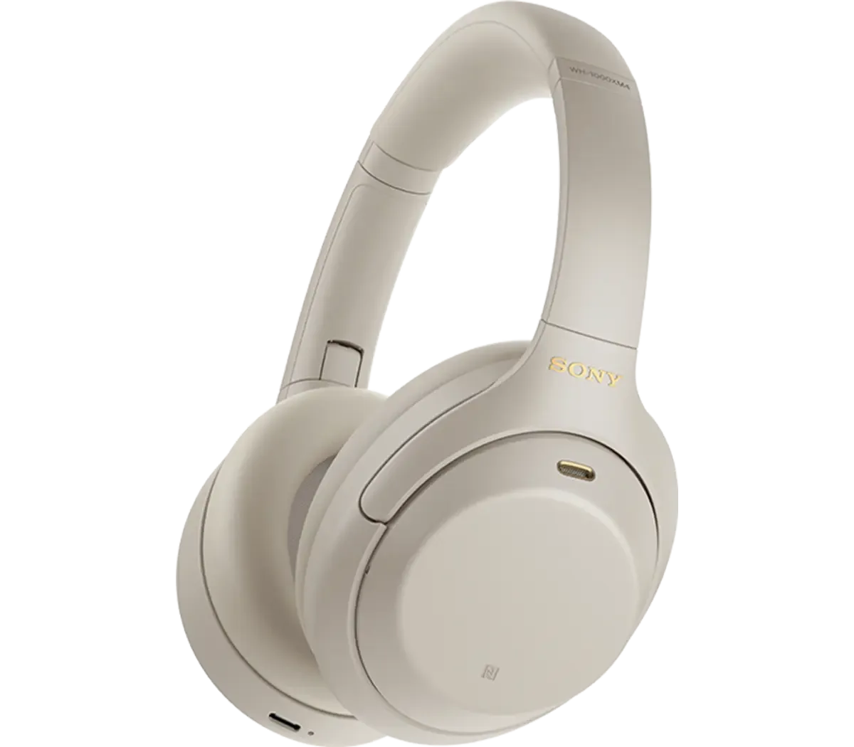 Sony WH-1000XM4 noise cancelling headphones in Silver, three-quarter view